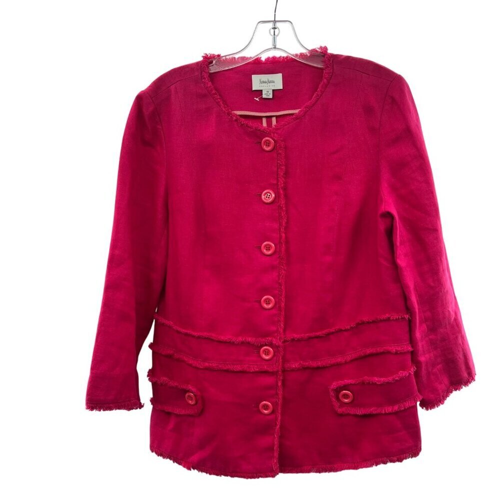 Neiman Marcus Frayed Button Up Blazer Long Sleeve Fuchsia Size 10